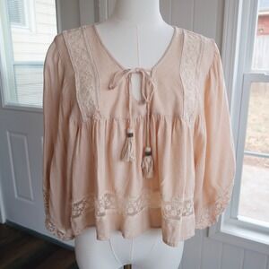 BOG Collective Womens Peasant Blouse Top XS Peach Boho Romantic Fairycore Spring